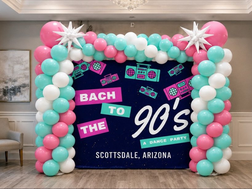 Bach to the 90s bachelorette party balloon arch setup Scottsdale