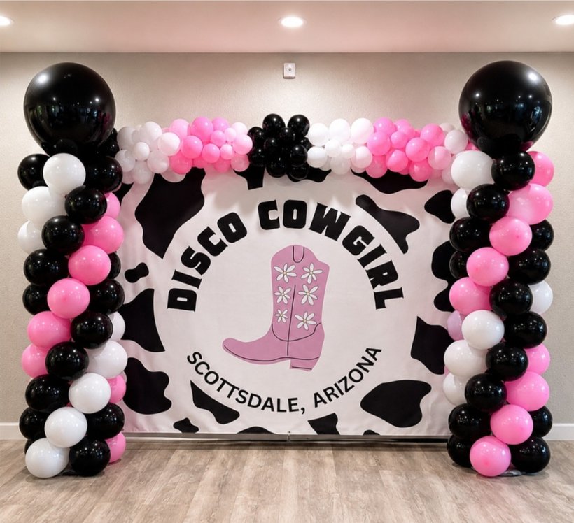 Disco Cowgirl bachelorette party balloon arch setup Scottsdale