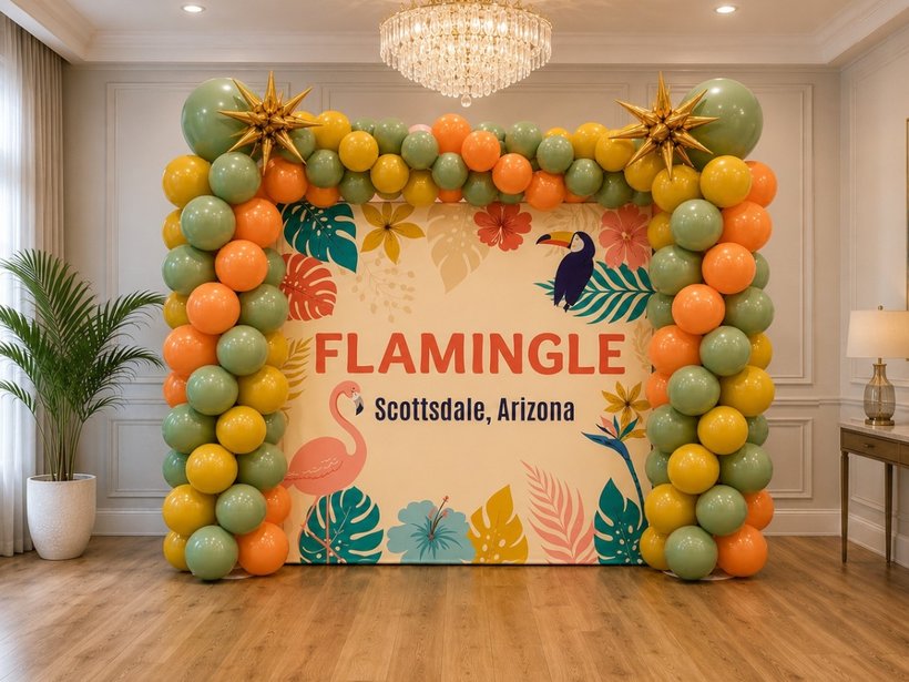 Flamingle bachelorette party balloon arch setup Scottsdale